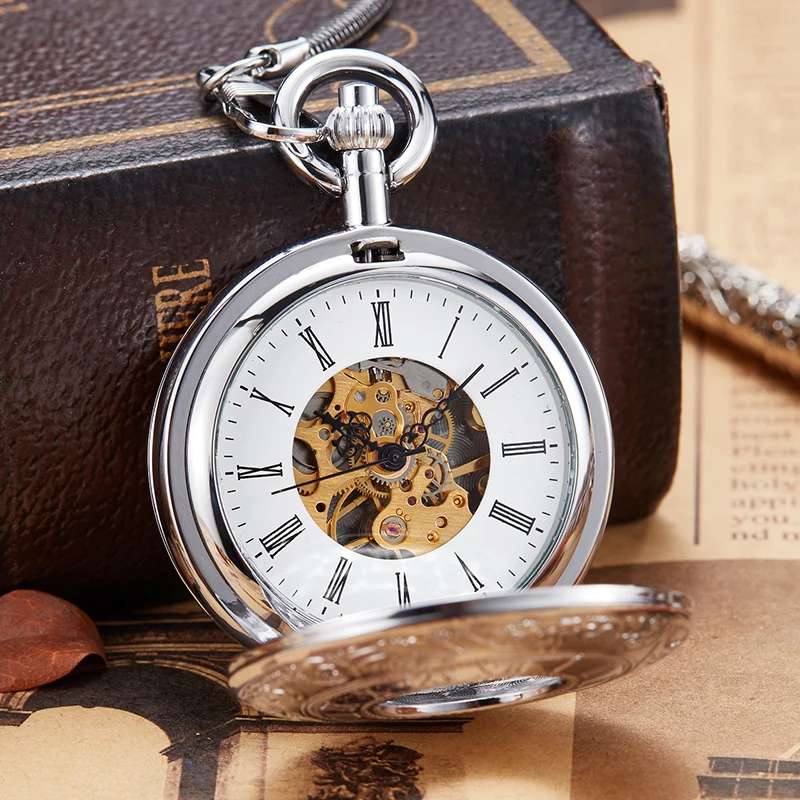 Роскошные медные золотые серебряные Механические карманные часы ручной заводные часы брелок цепь часы мужские римские цифры скелет часы