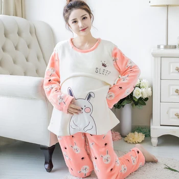 

Maternity Breastfeeding Nursing Nightgowns Keep Warm Flannel 2 pcs/set Long Sleeve Pregnant women pajamas Month Clothing L