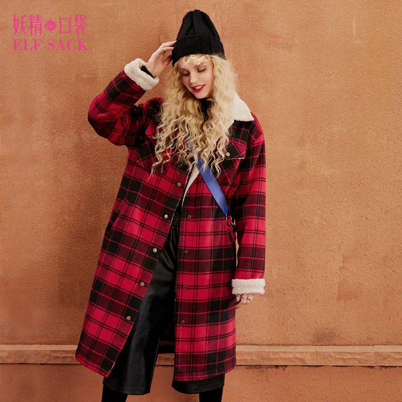 ELF SACK Plaid Lambskin Women Winter Wool Coats British Womens Polyester Trun Down Collar Thick Outerwear Female Casual Coats ELF SACK Plaid Lambskin Women Winter Wool Coats British Womens Polyester Trun Down Collar Thick Outerwear Female Casual Coats