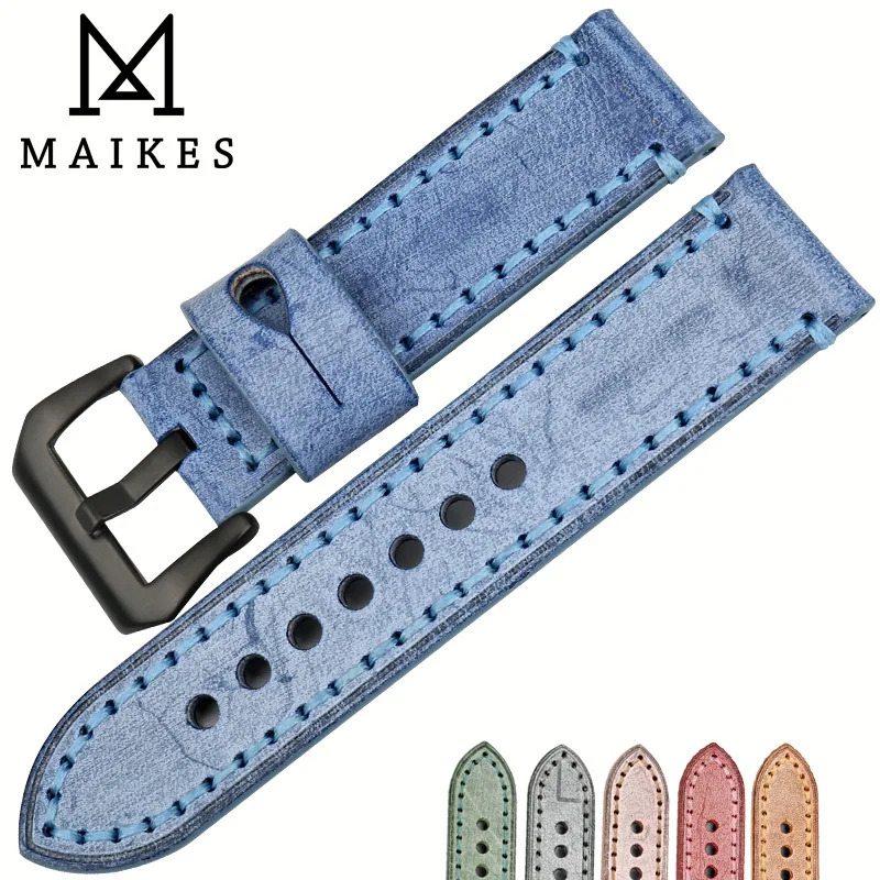 Ремешок для часов MAIKES из натуральной телячьей кожи браслет ручной работы синий 6