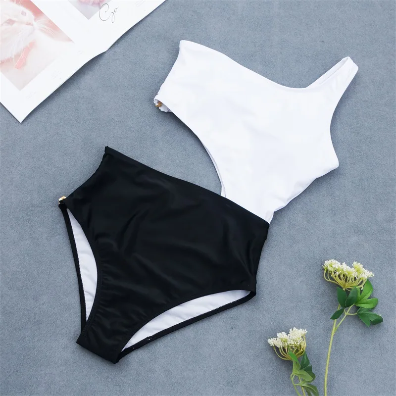 

Sexy One Shoulder Bikini Zip Swimwear Women One Piece Swimsuit Concatenated High Waist Bathing Suit High Cut Summer Beach Wear