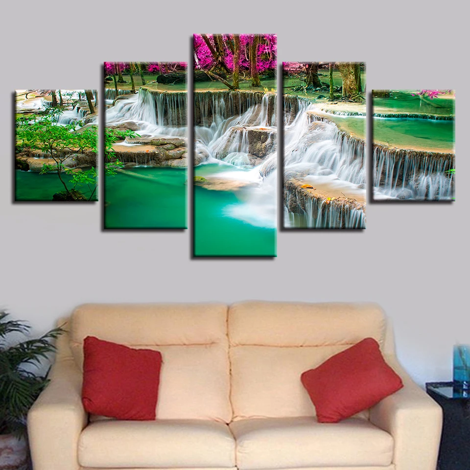 

Printed HD Art Picture 5 Pieces Purple Tree Waterfall Green Lake Landscape Modular Canvas Painting Living Room Wall Decor Poster
