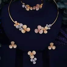 GODKI Luxury 3 Tone Leaf Flower Women Nigerian Wedding Naija Bride Cubic Zirconia Necklace Dubai 4PCS Wedding Jewelry Set