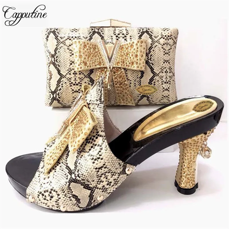

Capputine Italian Style PU With Stone Shoes And Purse Set African Summer Middle Heels Sandals Shoes And Bag To Match Party