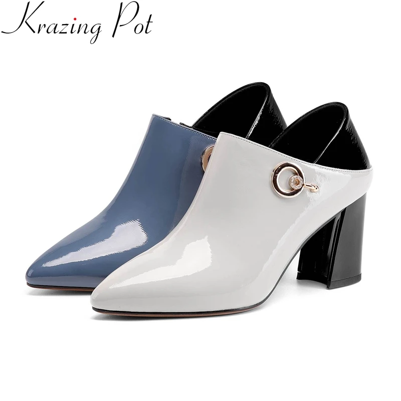 

2019 big size patent leather pointed toe high heels office lady zipper women pumps mixed colors concise elegant spring shoes L22