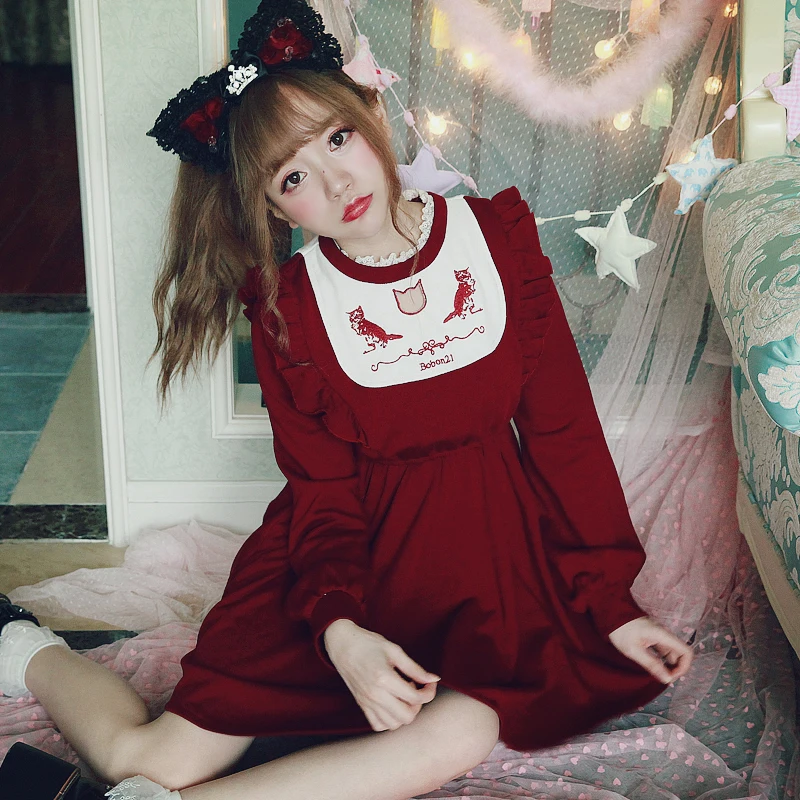 

Princess sweet lolita pink red and black dress BOBON21 cat embroidery lace dress hollow lotus leaf A-line Sweet girl D1396