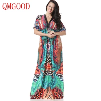 

QMGOOD Size XL-7XL Casual Bohemia Long Beach Dress Large Size Summer Womens Clothing V Collar Bat Sleeves Dress In The Floor