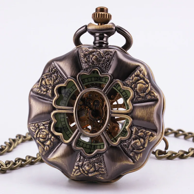 Baroque Vintage Retro Antique Gothic Rose Hollow Bronze Mechanical Pocket Watch Pendant Sweater Chain Necklace Clock