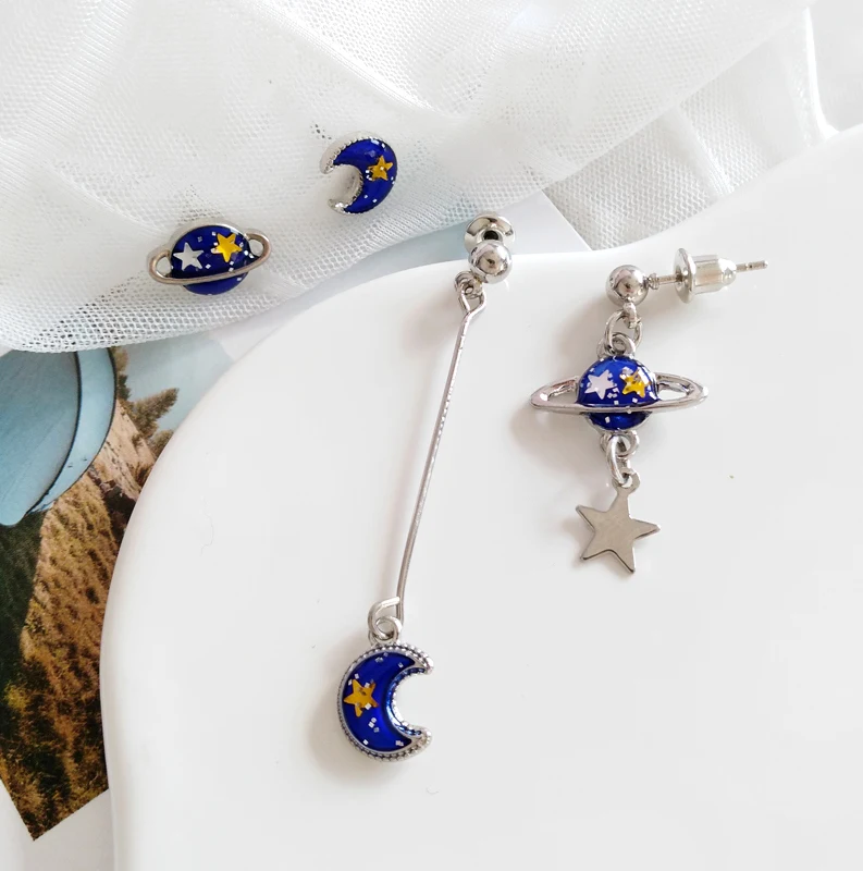 

Fashion Geometry Round Moon Stars Planet Drop Earrings Vintage Blue Color Enamel Dangle Earrings Wedding Jewelry For Women Gift