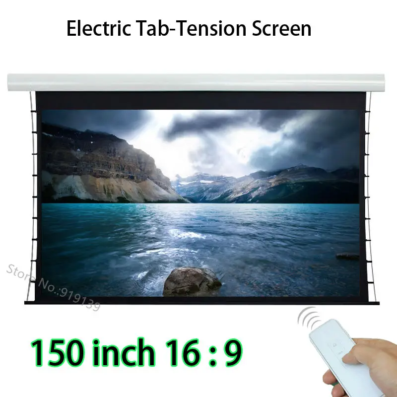 Clear Picture 150inch 16 9 HDTV Tubular Motor Tab Tension Electric Projection Screen With Wireless Remote