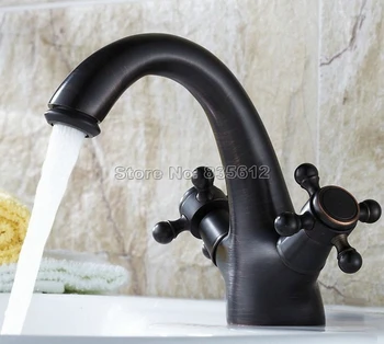 

Gooseneck Style Dual Cross Handles Bathroom Basin Sink Mixer Tap Black Oil Rubbed Bronze Single Hole Deck Mounted Faucets Wnf049
