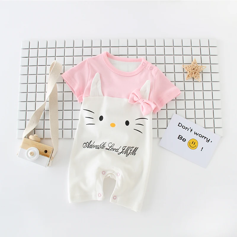

Little Pink Hello Kitty Baby Girl Rompers Short Sleeve Baby Pajamas Cartoon Baby Girls Clothes Cotton Romper Bowknot Bibs