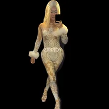 Сексуальное Белое Кружевное боди со стразами, женский комбинезон для певицы для сцены, костюм для празднования вечеринок с камнями, стрейч, телесный наряд