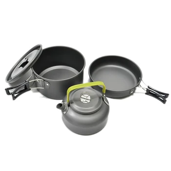 Ultra-light Aluminum Alloy Camping Cookware Utensils Outdoor Cooking Teapot Picnic Tableware Kettle Pot Frying Pan 3pcs/Set 4