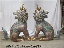 China Royal style 100% Bronze Cloisonne gold UNICORN kylin FU FOO DOG lion PAIR Garden Decoration 100% real Brass Bronze