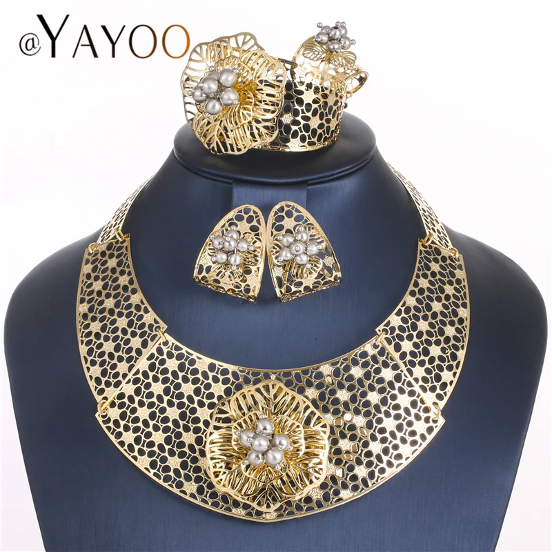 

AYAYOO Jewelry Sets Vintage African Beads Jewelry Set For Women Flower Turkish Ethiopian Wedding Dubai Costume Jewelry Set