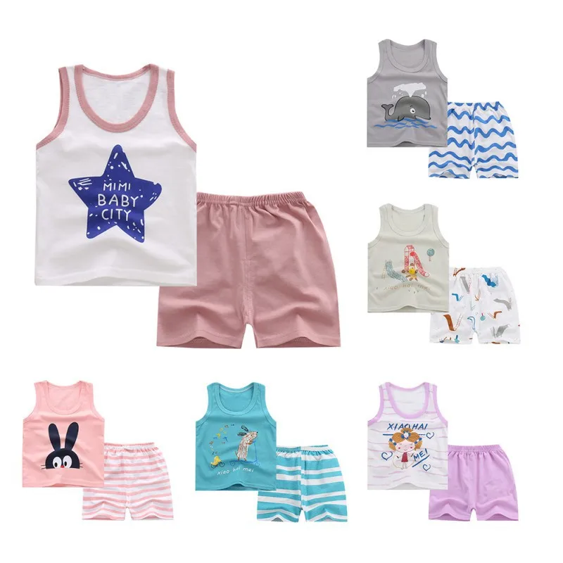 

New Kids Cotton Cute Suit Summer Boys Girls Hot Selling Clothes Sleeveless Cartoon Vest + Short Striped Pants 2pcs Clothing Sets