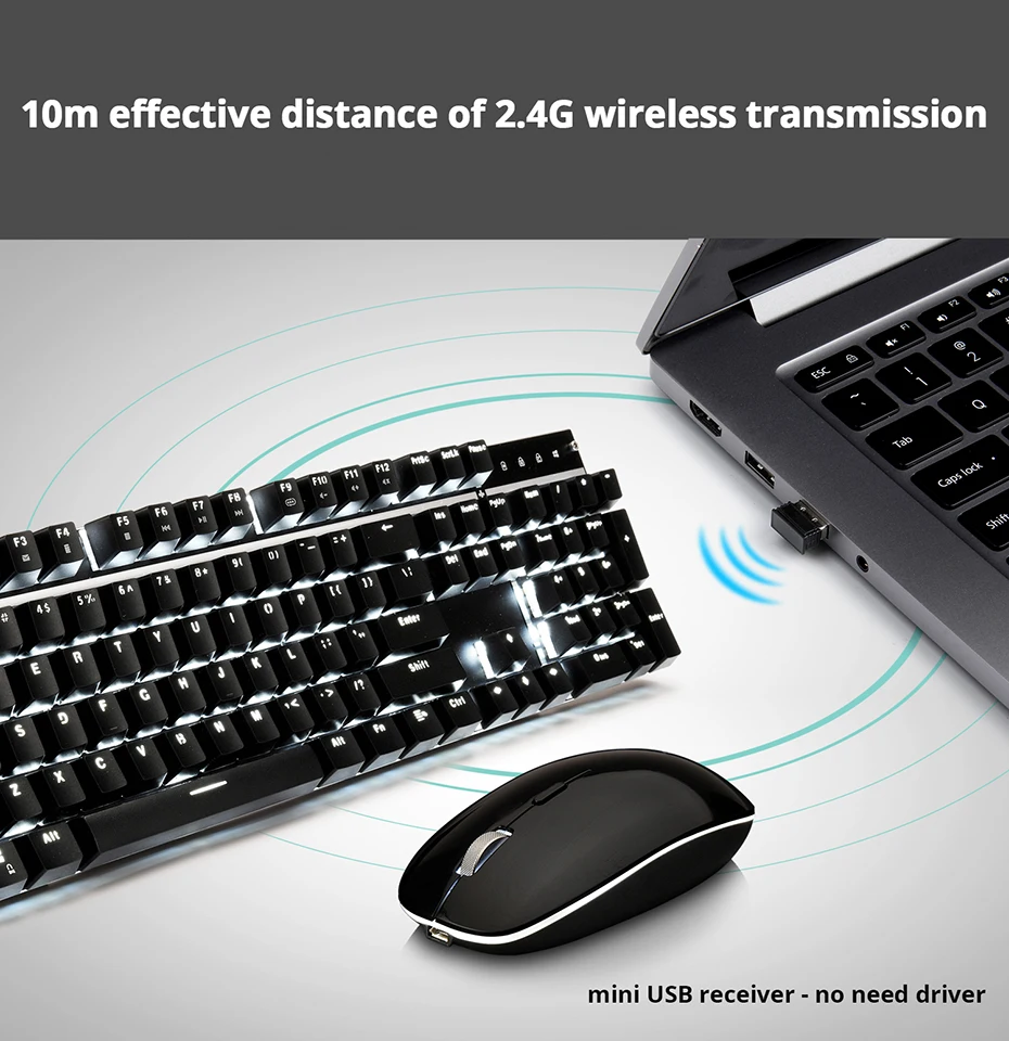 Ajazz A3008 2.4G Wireless Mechanical Keyboard & Mouse Combos White Backlit Blue Switches Keyboard 1600DPI Mouse  (9)