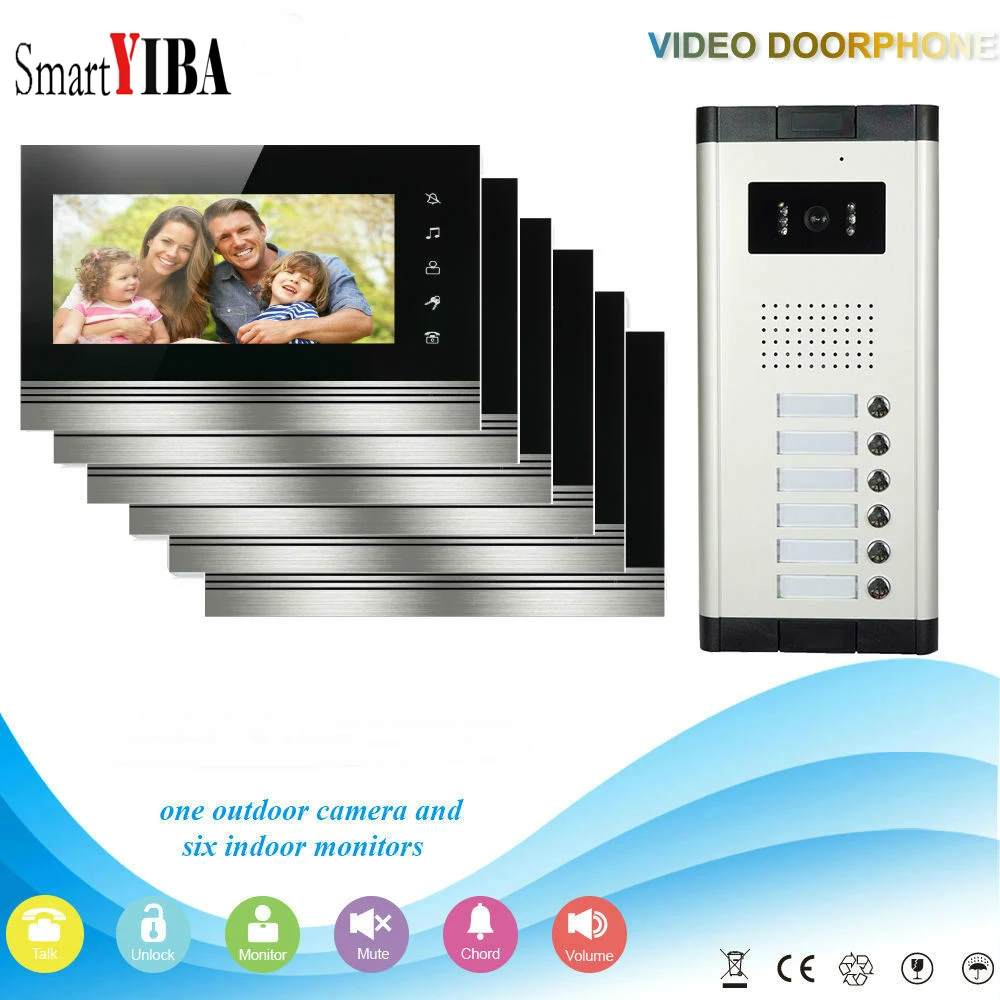 SmartYIBA видео звонок 7 "монитор, домофон комплект проводной дверной звонок Домофон с Ночное видение открытый Камера 6 сенсорные мониторы