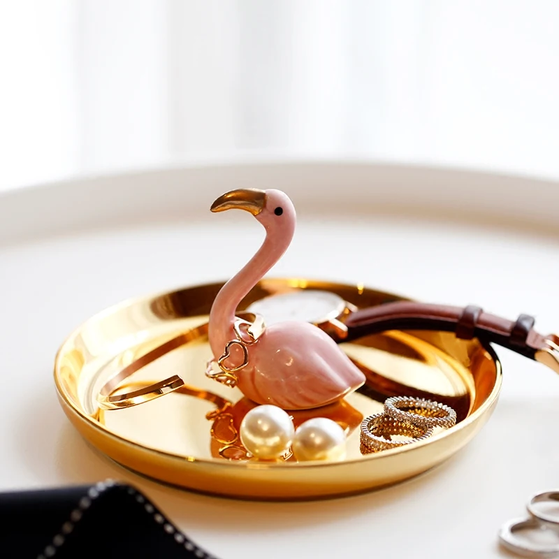 

European and American golden ceramic flamingo decorative plate jewelry storage tray gift jewelry rack