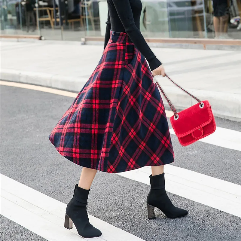 Feitong Female Womens High Elastic Waist Cotton Maxi Skirt A-line Plaid Autumn Winter Warm Straight Flare Long Skirt N15#N (1)