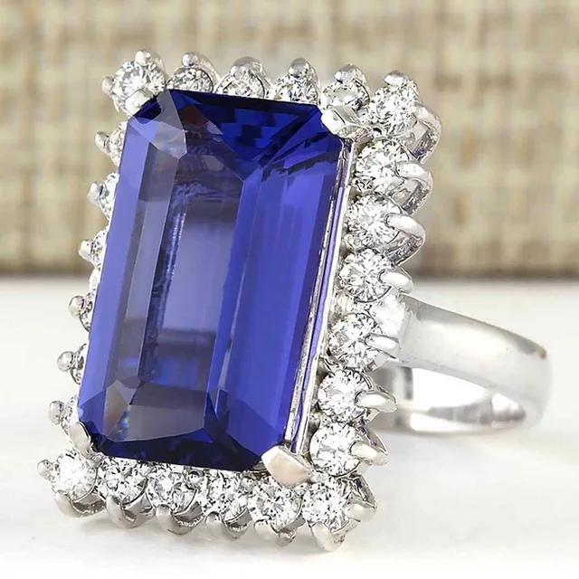 Hot Sale Large Dark Blue Square Zircon Stone Ring Fashion Jewelry Silver Crystal Rings For