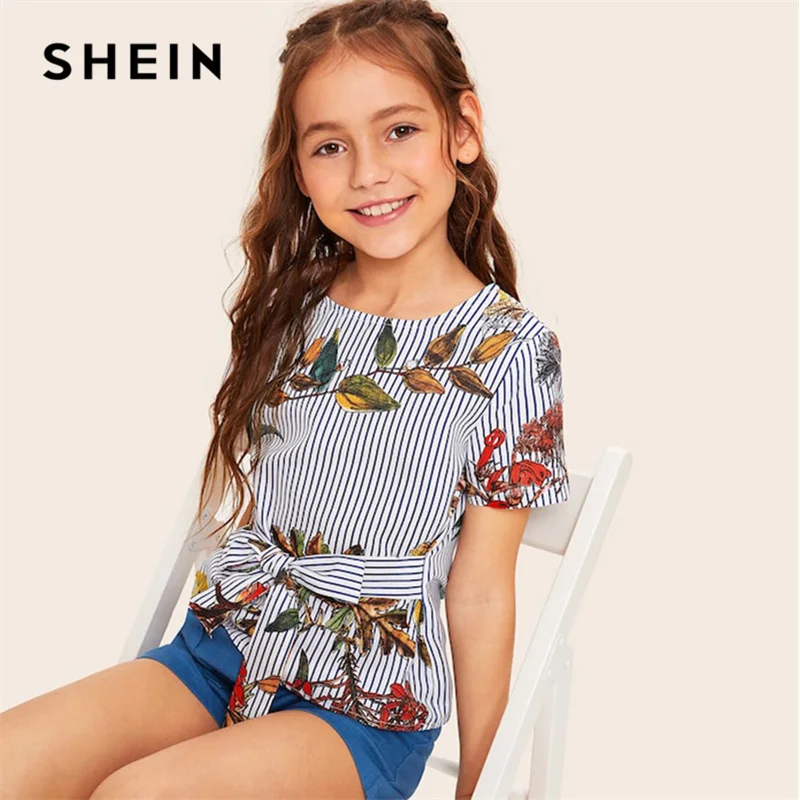 

SHEIN Kiddie Keyhole Back Knot Front Floral Print And Striped Girls Vacation Blouse 2019 Summer Short Sleeve Boho Beach Blouses