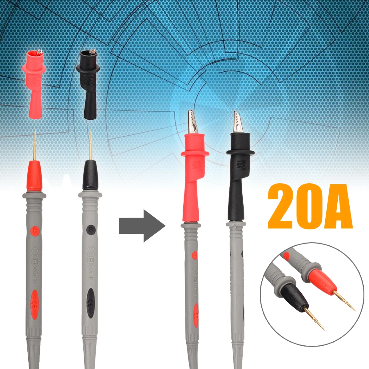 Durable 20A 1000V Test Lead Kit Gilded Sharp Needle Probe Multimeter Test Lead With Alligator Clip for Digital Multimeter Tester
