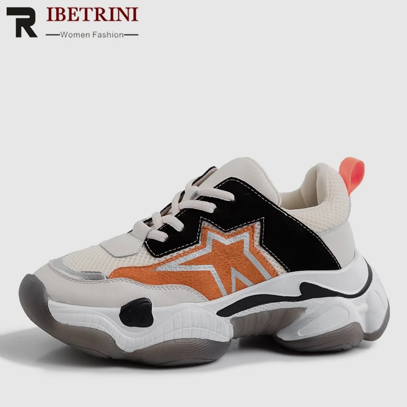 

RIBETRINI 2019 New INS Hot Whole Genuine Leather Suede Sneakers Women Spring Platform Dad Shoes Woman Leather Women Shoes