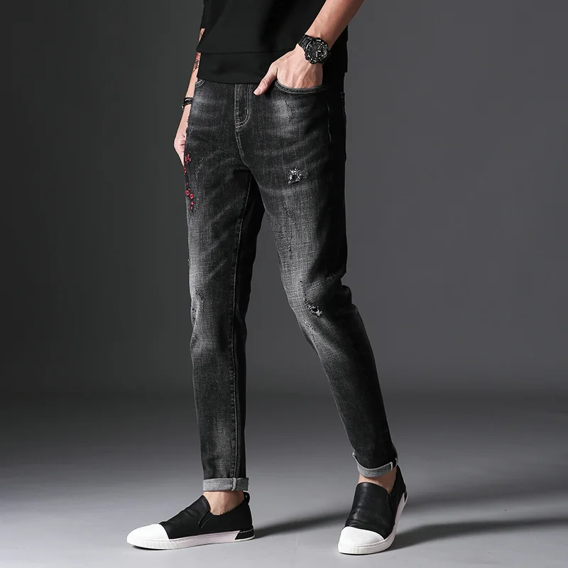 UMMEWALO черные обтягивающие мужские джинсы Роскошные джинсы с вышивкой Повседневное хлопок стретчевые джинсы мужской Slim Fit качественные