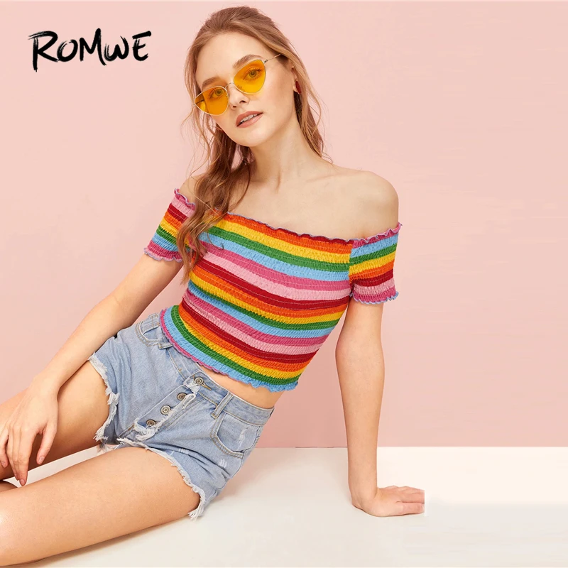 

ROMWE Multicolor Off-shoulder Colourful Stripe Shirred Top Women Summer 2019 Boho Beach Short Sleeve Crop T Shirts Top Tees