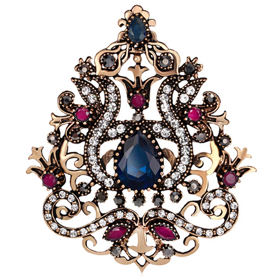 

Ethnic Arabesque Flower Brooches Jewelry Women Vintage Gold Color Water Drop Resin Rhinestone Large Brooch Hijab Pin XZ249