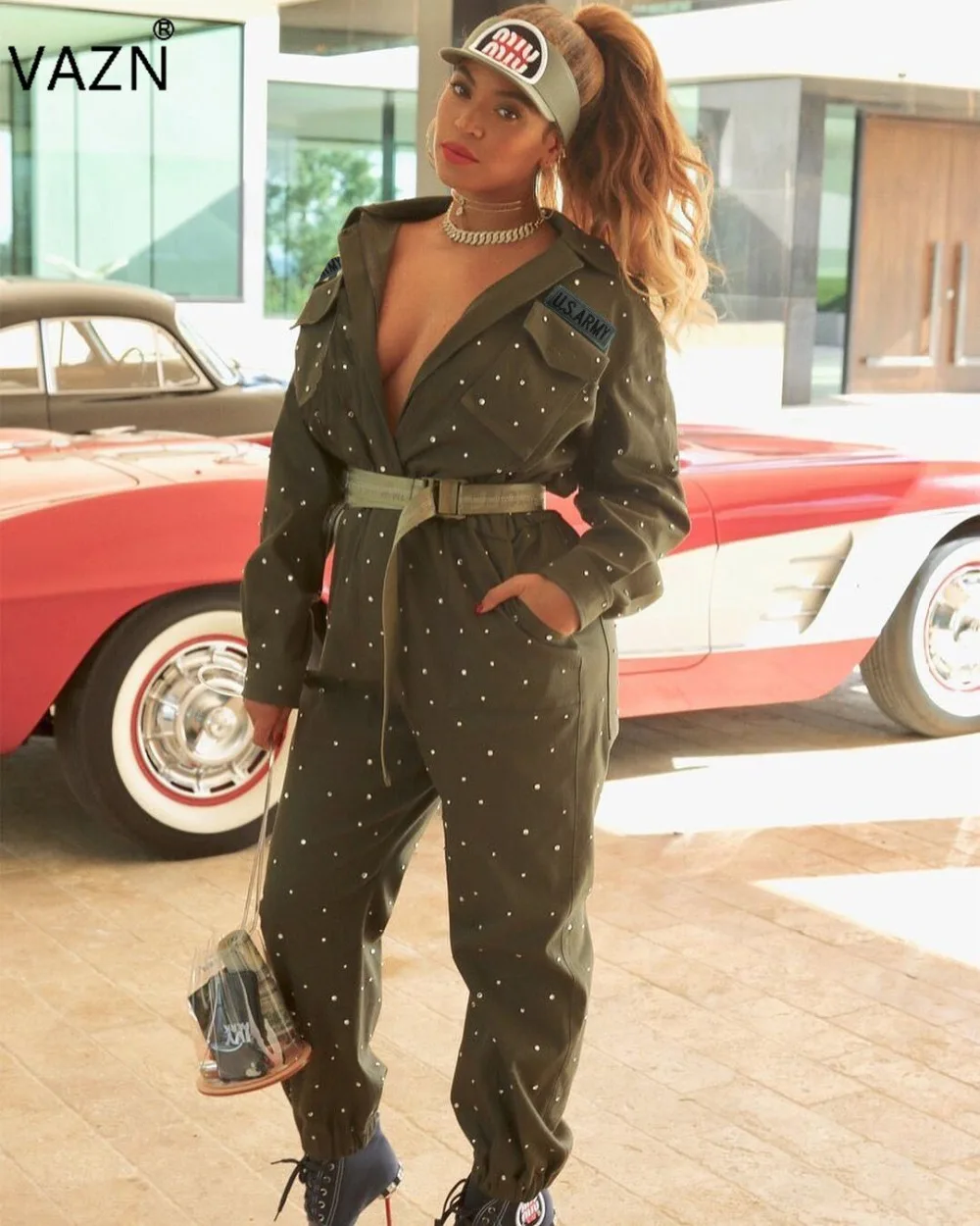 

VAZN Spring 2019 High Quality Women Print Beading Jumpsuits Deep V-Neck Full Sleeve Lady Sashes Regular Long Jumpsuits LO6147