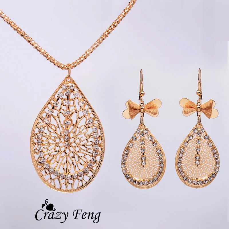 

One set Free shipping Women's Gold-color shine Austrian Crystal hollow Chain unique design Earrings Jewelry Sets women gift