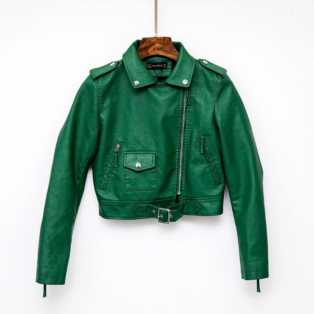 Женская куртка из искусственной кожи, модная яркая черная мотоциклетная куртка, короткая байкерская куртка из искусственной кожи, мягкая женская куртка зеленого цвета