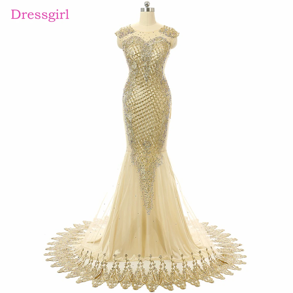 

Gold 2019 Prom Dresses Mermaid Cap Sleeves Tulle Appliques Beaded Elegant Long Women Prom Gown Evening Dresses Robe De Soiree