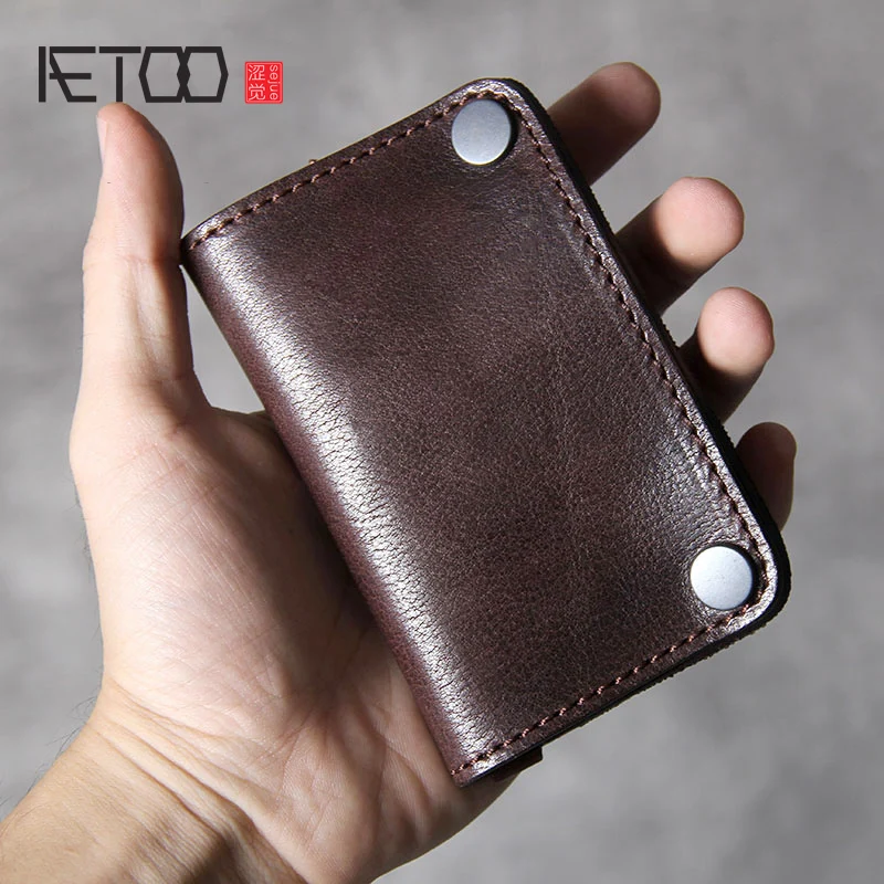 

AETOO Retro head cowhide car key pack multifunctional leather card bag small wallet