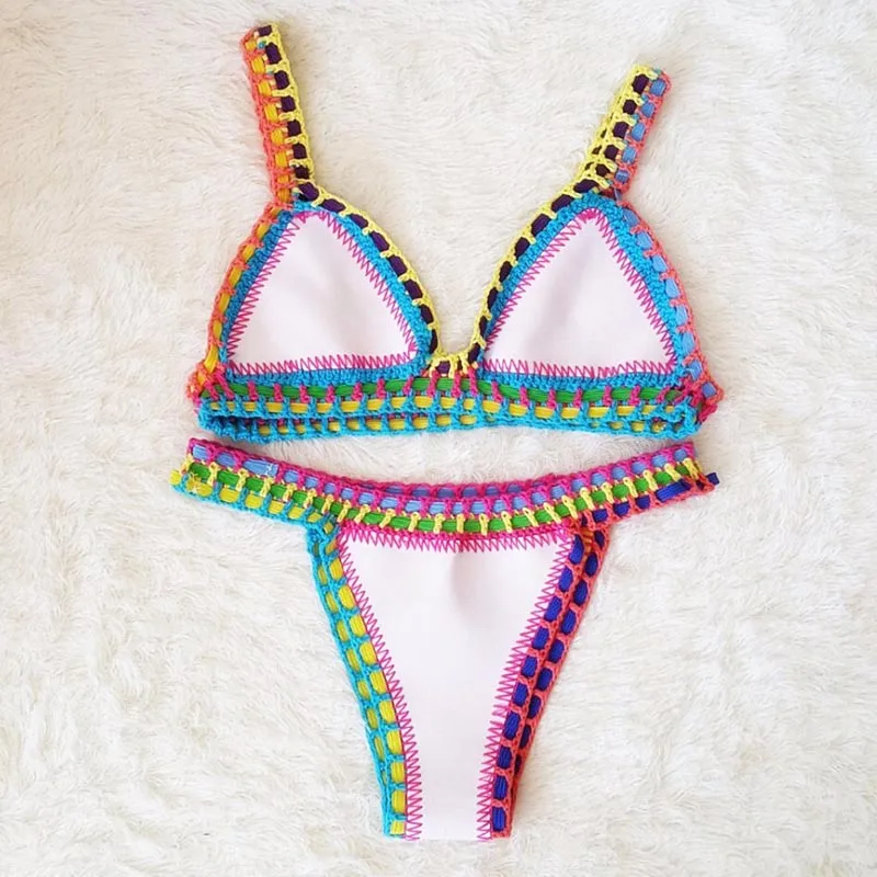 GI FOREVER Bikini Handmade Knit Swimwear Women 2019 Sexy Contrast Color Low Waist Swimsuit Bathing Suit Maillot De Bai