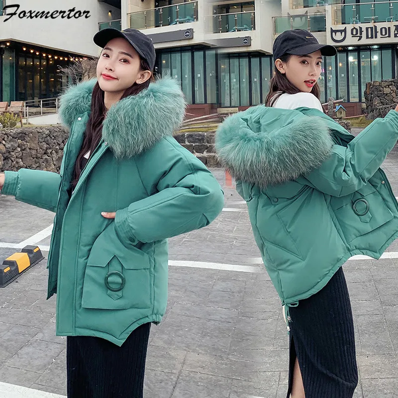 

Down Jacket Woman Hooded 2019 Winter Coat Women Fake Fur Collar Warm Parka Outerwear Down Jacket Winter Female Solid Coat Black
