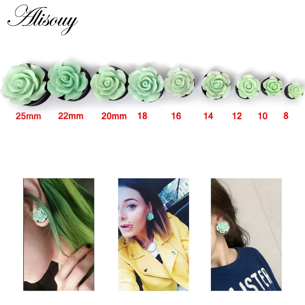 

Alisouy 1 Pair Cute 3D Green Rose Flower Acrylic Ear Plug Tunnel Gauges Ear Expander Body Piercing Jewelry for Women lady