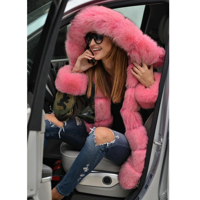 CKMORLS натуральный Лисий Мех парка для женщин куртка с ярко-розовым меховым воротником кролик мех внутри толстый теплый мех пальто Роскошные Длинные парки