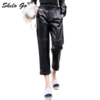 

Streetwear Leather Pants Women Casual Ruffles Lace Up Elastic High Waist Sheepskin Genuine Leather Harem Pants Female Capris