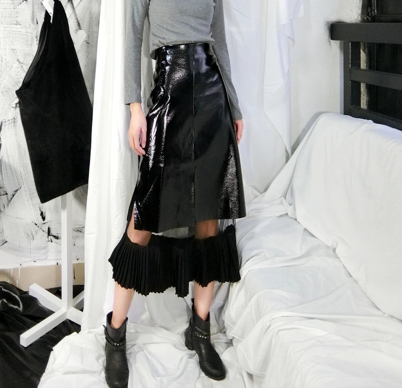 Новинка, Харадзюку, прозрачная сетчатая Лоскутная юбка из искусственной кожи, Женская плиссированная юбка средней длины с завышенной талией, модная женская юбка в стиле панк
