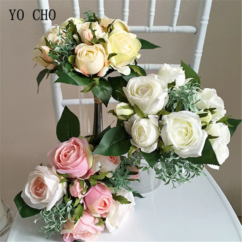 

YO CHO Bridesmaid Sisters Holding Ivory Rose Peony Bouquet Artificial Silk Home Chair Wedding Dancing Party DIY Decor Flowers