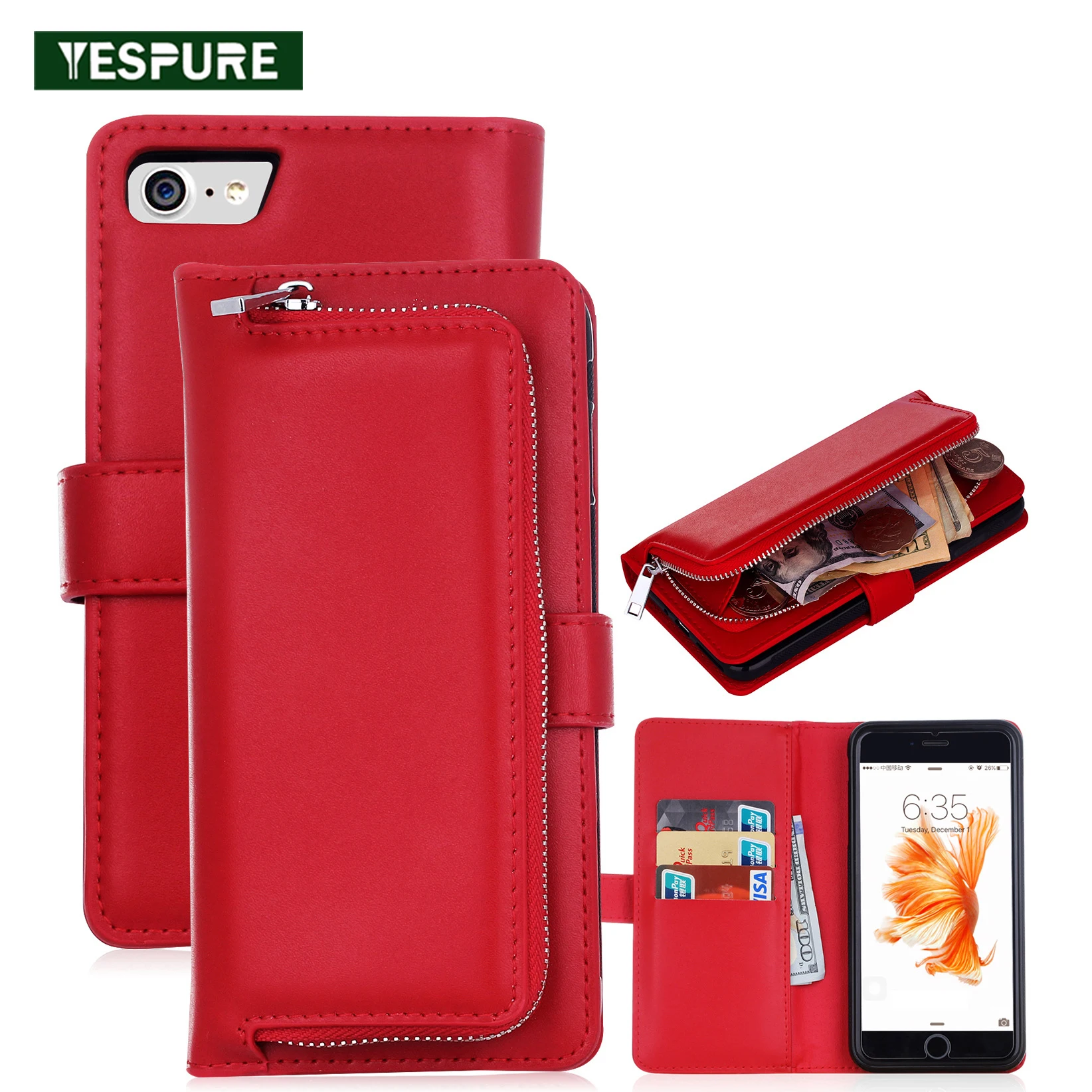 YESPURE Red 360 Protective Phone Case Wallet for Iphone 7plus Luxury