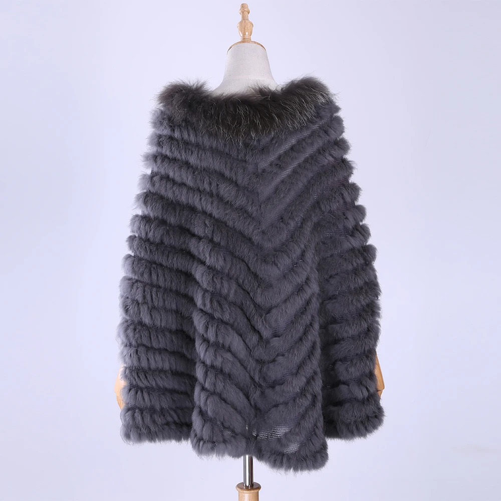 New Women's Luxury Pullover Knitted Genuine Rabbit Fur Raccoon Fur Poncho Cape Real Fur Knitting Wraps Shawl Triangle Coat