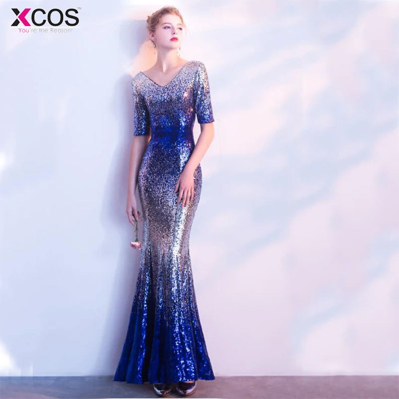 

Real Photo Robe De Soiree New Evening Gowns vestidos de baile Stock Gradient Silver Blue Mermaid Prom dresses 2018
