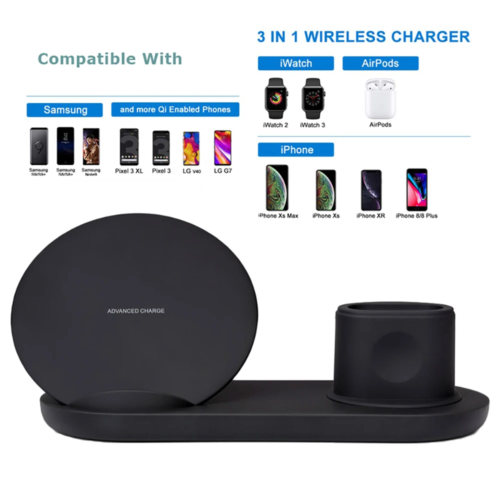 Wireless Charger Fast Charging for iPhone 8 X XS Max XR Apple Watch 4 3 2 Airpods 3 IN 1 Quick Char