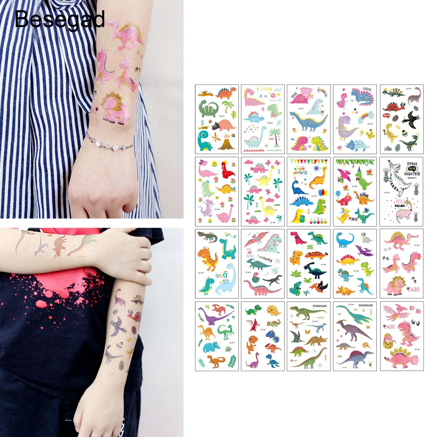 

Besegad 20pcs Colorful Cute Cartoon Dinosaur Skin Body Temporary Tattoo Stickers for Kids Adult Birthday Party Favor Set