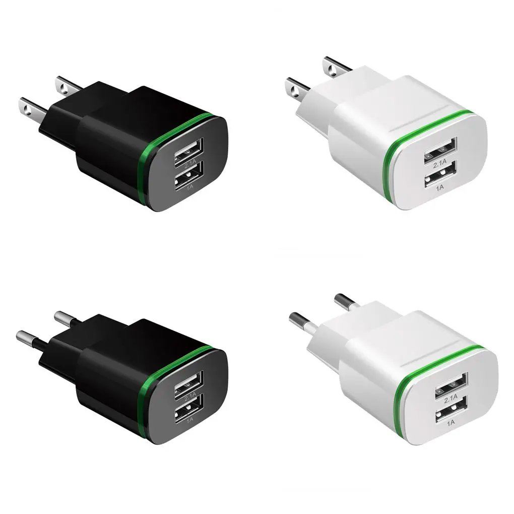 

2 Ports LED Light USB Charger 5v 2A Mobile Phone Wall Adapter White Black Travel Micro Charging